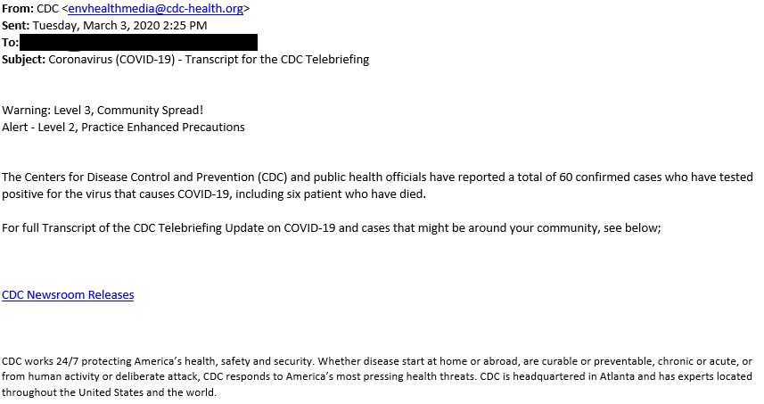 Image of Coronavirus Phishing Email from the CDC